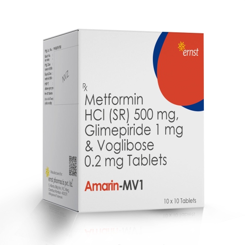 Glimepiride 1 mg + Metformin 500 mg + Voglibose 0.2 mg (Bilayered) – AMARIN MV1 Tablets