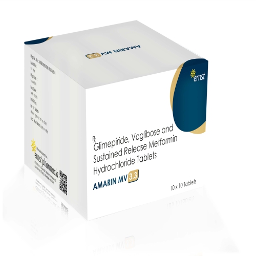 Glimepiride 3 Mg + Metformin 500 mg + Voglibose 0.3 Mg (Bilayered) Tablets - AMARIN MV 3.3 Tablets - Ernst Pharmacia