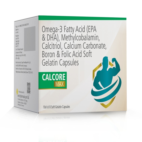 Calcitrol, Omega 3 Fatty Acid (EPA & DHA)Folic Acid, Methylcobalamin & Calcium Carbonate Soft Gelatin Capsules - CALCORE MAX Capsules - Ernst Pharmacia