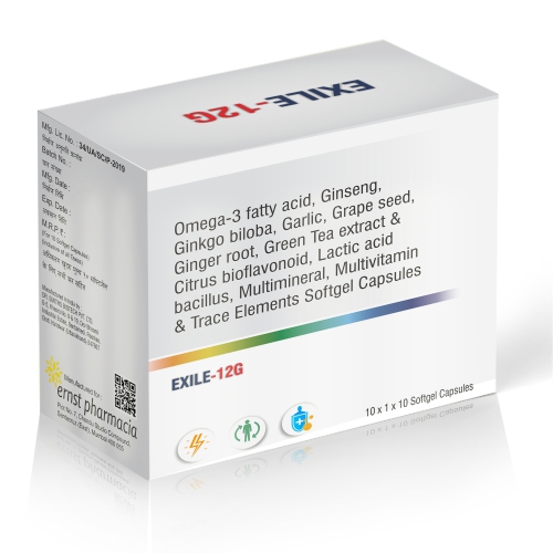 Omega 3-Fatty Acid, Green Tea Extract, Ginkgo Biloba, Ginseng, Grape Seed Extract, Antioxidants, Vitamins & Minerals - EXILE 12G Soft Gelatin Capsule (DRUG) - Ernst Pharmacia