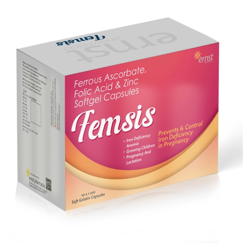 Ferrous Ascorbate Folic Acid & Zinc Softgel Capsules - FEMSIS Soft Gelatin Capsules - Ernst Pharmacia