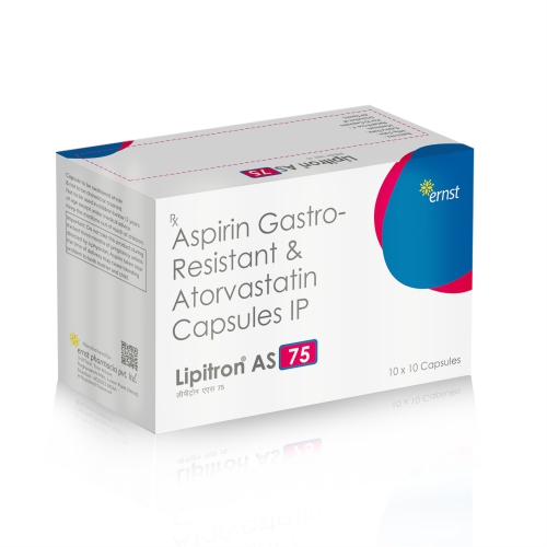 Aspirin Gastro Resistant & Atorvastatin Capsules - LIPITRON AS 75 Capsules - Ernst Pharmacia