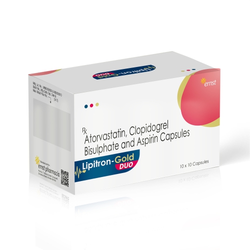 Atorvastatin 20Mg, Clopidogrel 75Mg & Aspirin 75 Mg Capsules - LIPITRON GOLD DUO Capsules - Ernst Pharmacia