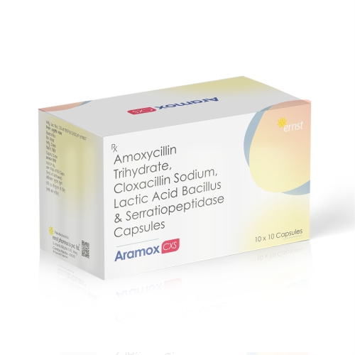 Amoxycillin Trihydrate Cloxacillin Sodium Lactic Acid Bacillus & Serratiopeptidase Capsules - ARAMOX CXS - Ernst Pharmacia