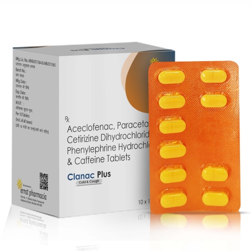 Aceclofenac Paracetamol Cetirizine Dihydrochloride Phenylephrine Hydrochloride & Caffeine Tablets - CLANAC PLUS COLD & COUGH