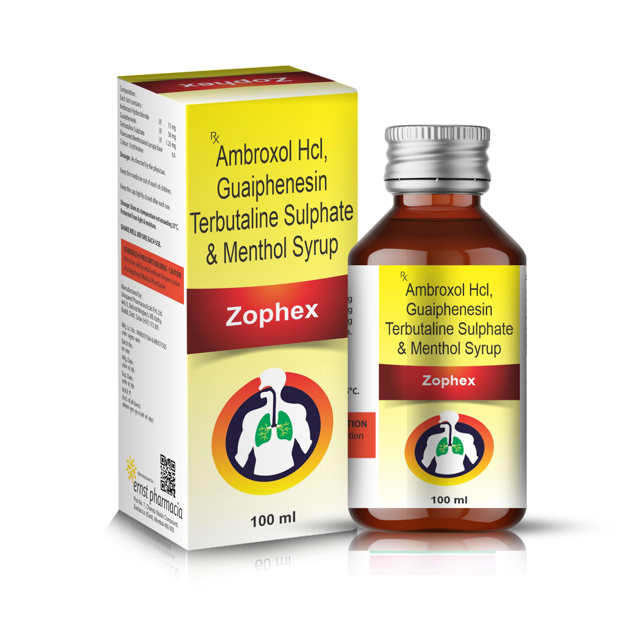 Ambroxol Hydrochloride Guaiphenesin Terbutaline Sulphate & Menthol Syrup - ZOPHEX 100 Syrup