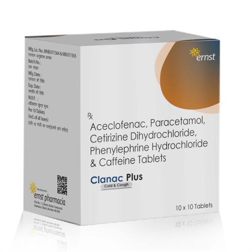 Aceclofenac Paracetamol Cetirizine Dihydrochloride Phenylephrine Hydrochloride & Caffeine Tablets - CLANAC PLUS COLD & COUGH - Ernst Pharmacia
