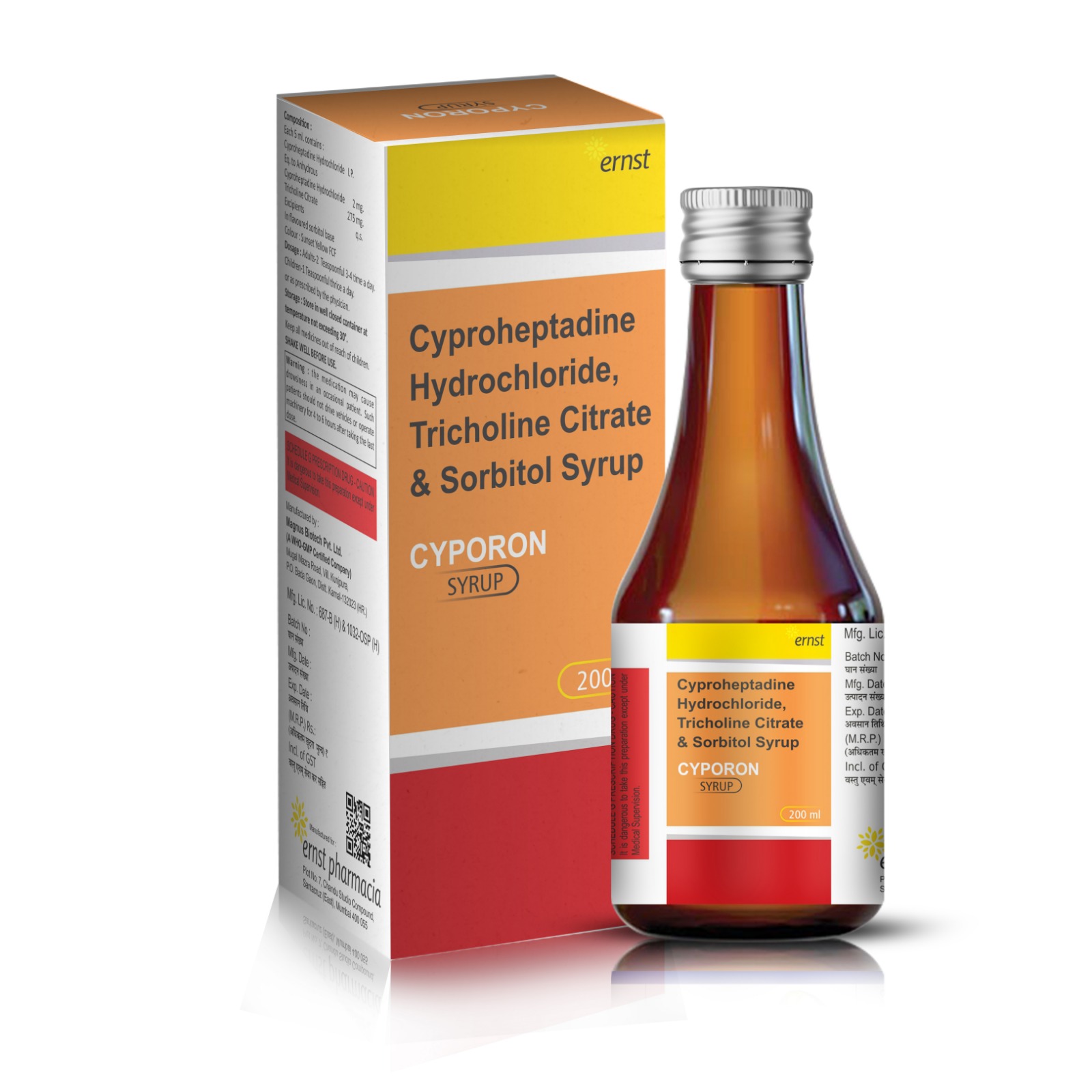 Cyproheptadine HCL Tricholine Citrate & Sorbitol Syrup - CYPORON Syrup - 200ML
