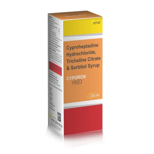 Cyproheptadine HCL Tricholine Citrate & Sorbitol Syrup - CYPORON Syrup - 200ML - Ernst Pharmacia