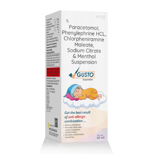 Paracetamol Phenylephrine Hcl Chlorpheniramine Maleate Sodium Citrate & Menthol Suspension - GUSTO Suspension - Ernst Pharmacia