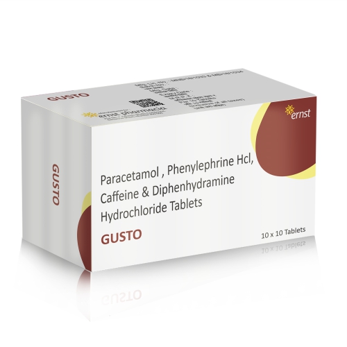 Paracetamol, Phenylephrine HCl, Caffeine & Diphenhydramine Hydrochloride Tablets - GUSTO Tablets - Ernst Pharmacia
