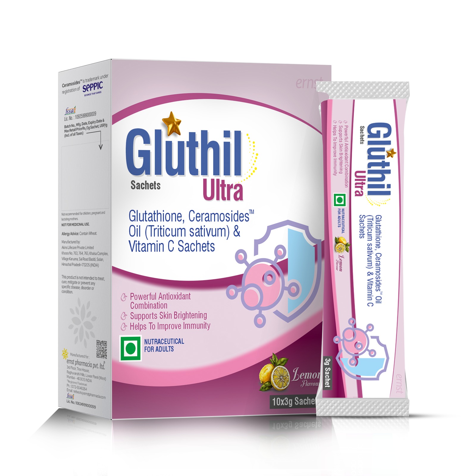 Glutathione, Ceramosides Oil (Triticum Sativum) & Vitamin C Sachets - GLUTHIL Ultra Sachets