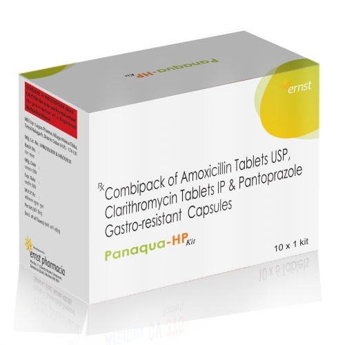 Clarithromycin of Amoxicillin Tablets USP Clarithromycin Tablets IP & Pantoprazole Gastro Resistant Capsules - PANAQUA HP KIT - Ernst Pharmacia