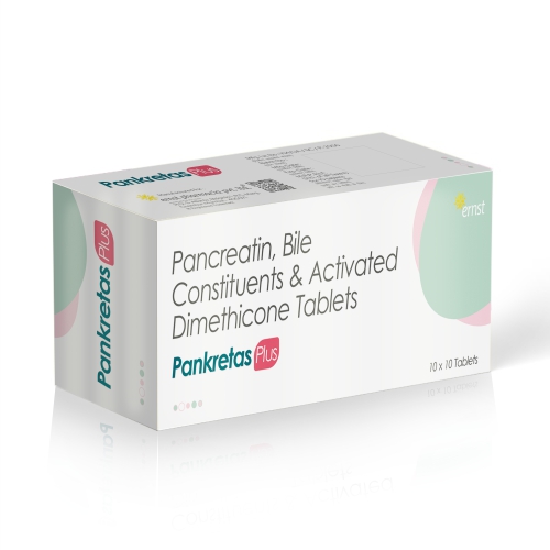 Pancreatin Bile constituents Activated Dimethicone Tablets - PANKRETAS PLUS Tablets - Ernst Pharmacia