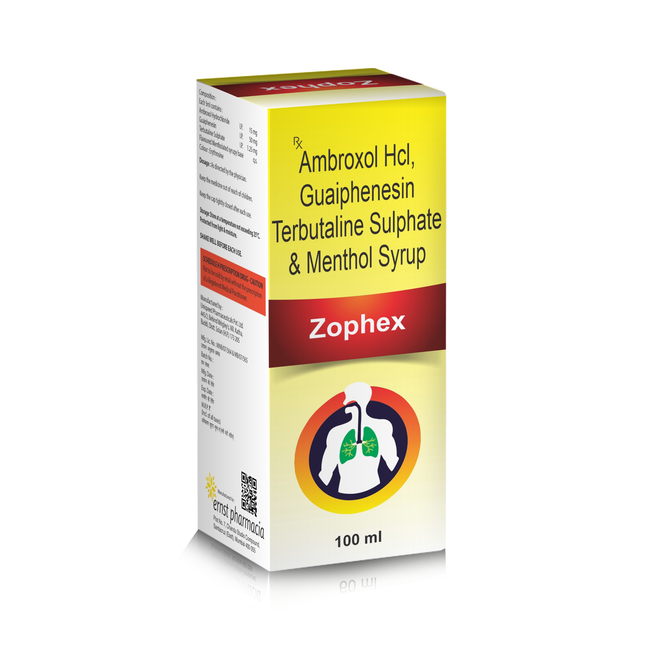 Ambroxol Hydrochloride Guaiphenesin Terbutaline Sulphate & Menthol Syrup - ZOPHEX 100 Syrup - Ernst Pharmacia