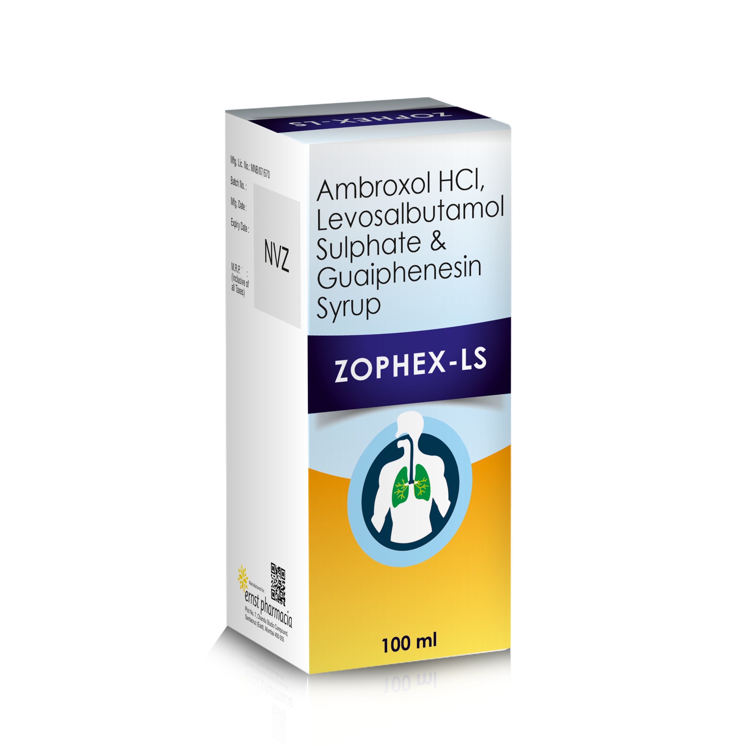 Ambroxol Hydrochloride, Levosalbutamol Sulphate & Guaiphenesin Syrup 100 ML - ZOPHEX LS 100 - Ernst Pharmacia