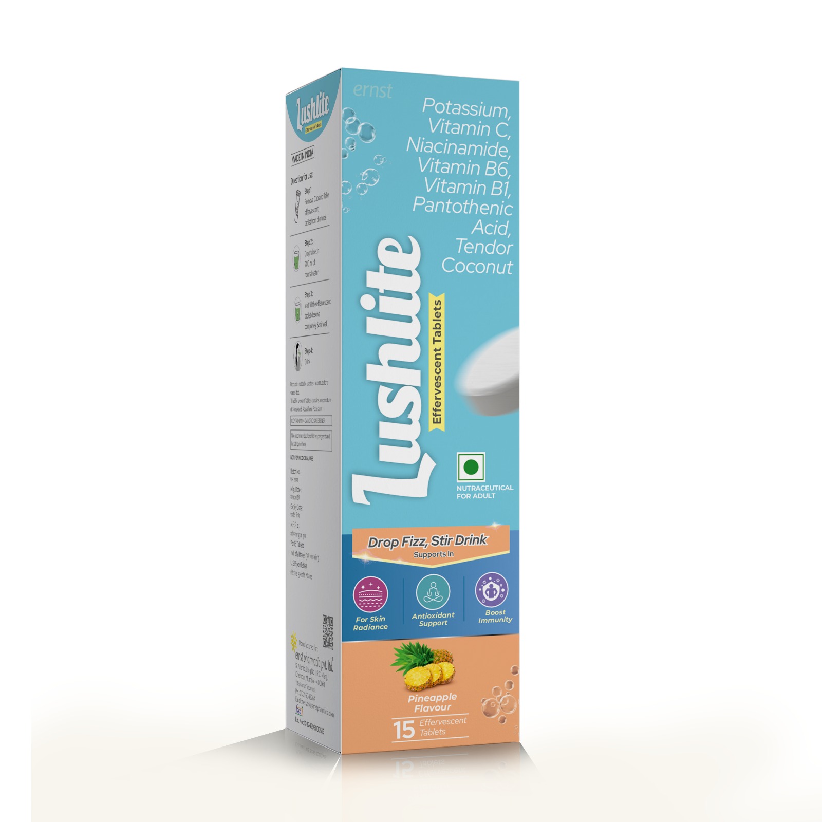 Potassium, Vitamin C, Nicotinamide, Vitamin B6, Vitamin B1, Pantothenic Acid & Tender Coconut Effervescent Tablets - LUSHLITE Effervescent Tablets - Ernst Pharmacia