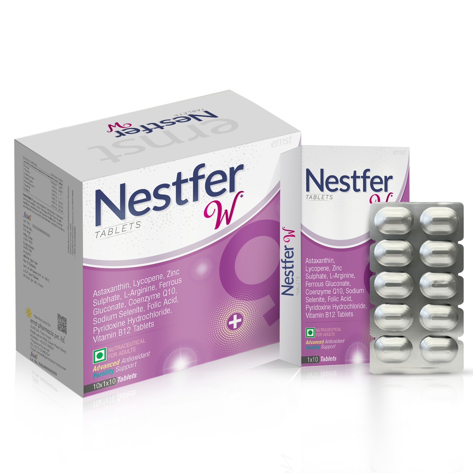 Astaxanthin, Lycopene, Zinc, L-Arginine, Ferrous Gluconate, CoQ10, Selenium, Folic Acid, B6 & B12 Tablets