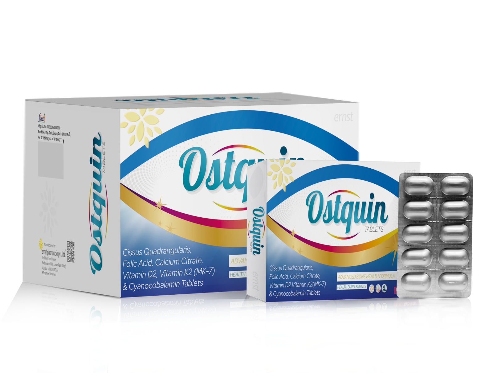 OSTQUIN TABLETS - Cissus Quadrangularis, Folic Acid, Calcium Citrate, Vitamin D2, Vitamin K2 MK-7 & Cyanocobalamin Tablets